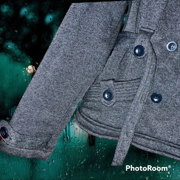 MISS SELFIE Lapel, Double-Breasted Pea Coat w/ Belt, Charcoal Gray, Woman's SM - Picture 5 of 15